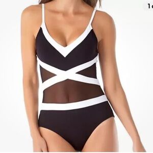 Anne Cole Colorblock Mesh Black White One Piece Swimsuit Size 14 NWT